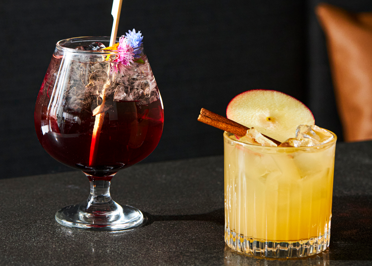Deux cocktails : verre ballon au vin et verre long au citron, sur table.
